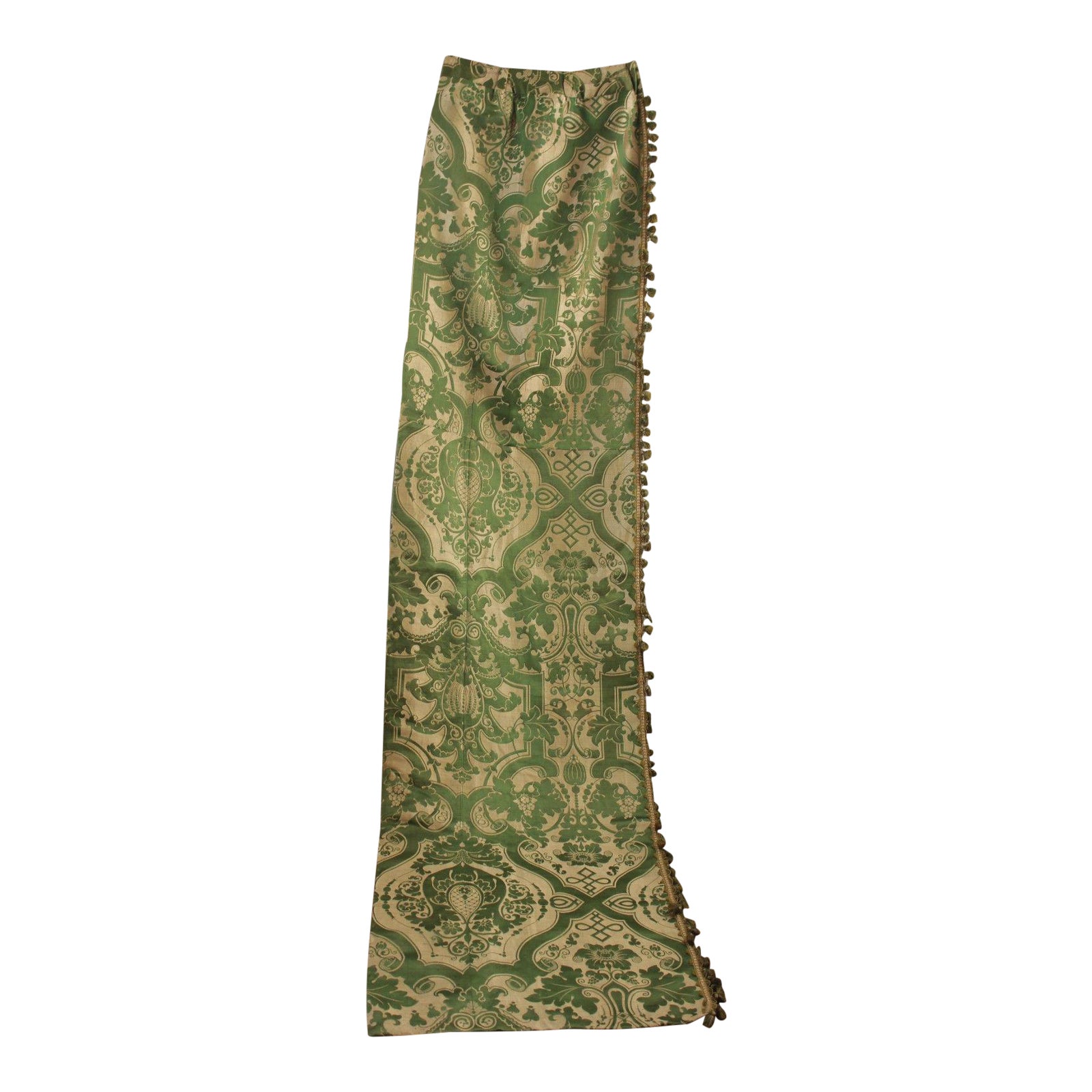 Antique French Green Silk Brocatelle Bed Curtain Hanging W/ Trim