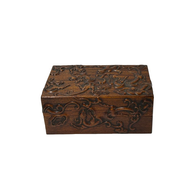 Oriental Relief Mythical Figure Motif Brown Natural Wood Small Accent Box For Sale In San Francisco - Image 6 of 9