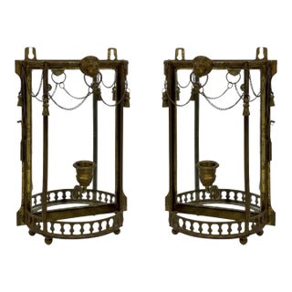 19th-C. French Napoleonic Brass & Curved Glass Mirrored Sconces Lion Mask - Pair For Sale