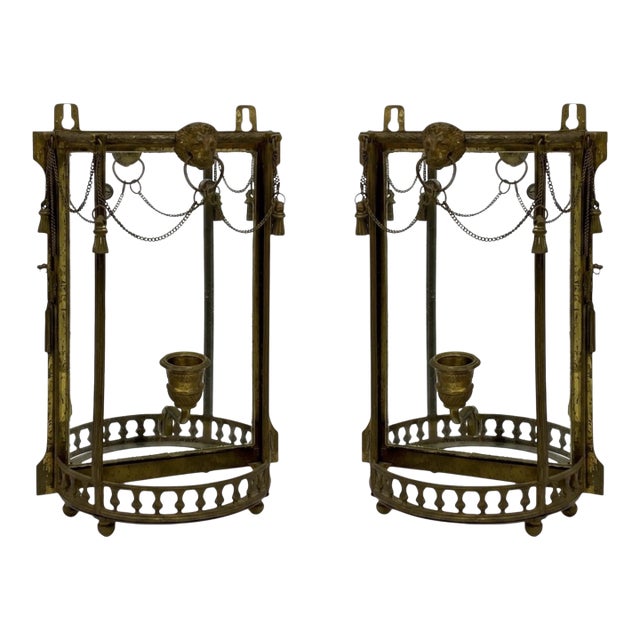 19th-C. French Napoleonic Brass & Curved Glass Mirrored Sconces Lion Mask - Pair For Sale