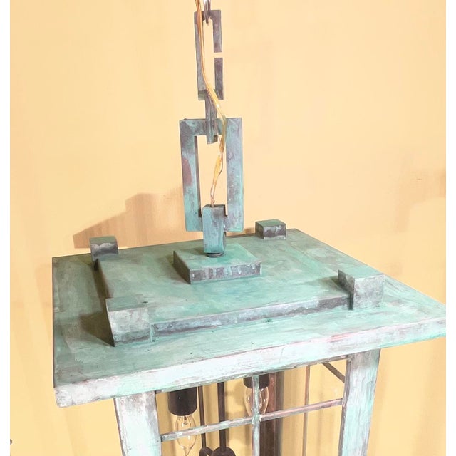 Stunning Large Arts & Crafts / Mission Style Solid Copper Pendant Lantern Light For Sale - Image 10 of 18