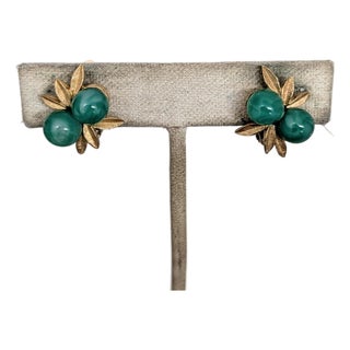 Vintage 1960s Signed Panetta Goldtone Faux-Jade Clip Earrings-2 Pieces For Sale