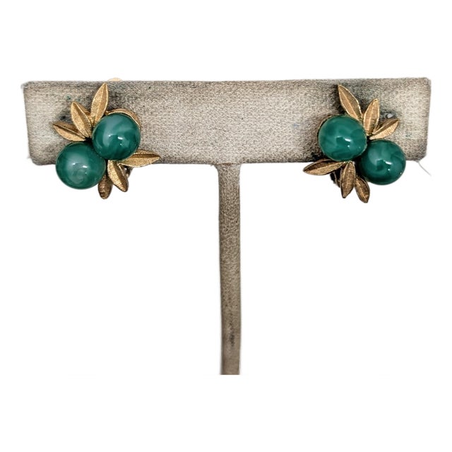 Vintage 1960s Signed Panetta Goldtone Faux-Jade Clip Earrings-2 Pieces For Sale
