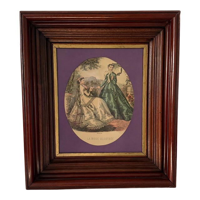 Antique 19th-Century La Mode Illustrée Hand-Colored Fashion Engraving in Deep Molded Wood Frame For Sale