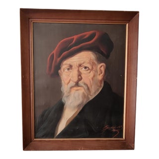 Jeno Gussich Signed Oil Portrait ~ Man in a Red Beret, Circa Mid-20th Century For Sale