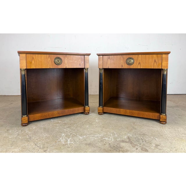 French A Pair of Baker Furniture French Empire Neoclassical Cherry, Brass & Ebonized Wood Nightstands, Circa 1960s For Sale - Image 3 of 12