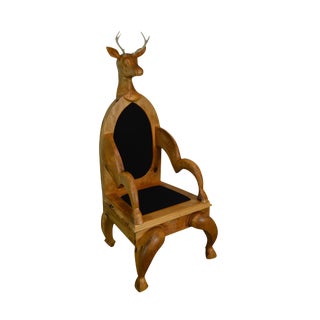 Unusual Hand Carved Stag Head Deer With Antlers Throne Chair For Sale