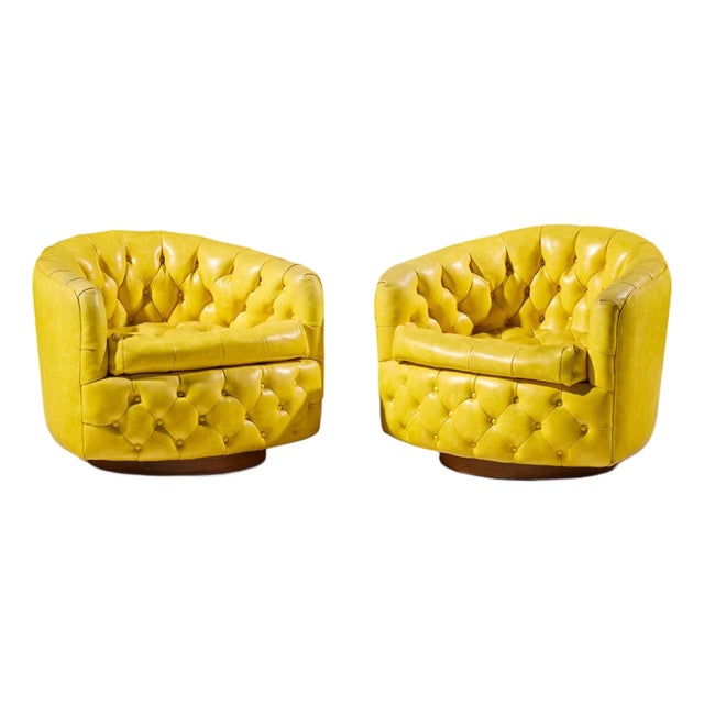 Milo Baughman for Thayer Coggin Mid Century Tufted Swivel Lounge Chairs - Pair For Sale