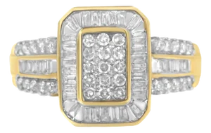 10K Yellow Gold Round and Baguette-Cut Diamond Cluster Ring (1.0 Cttw, I-J Color, SI1-SI2 Clarity) - Size 8