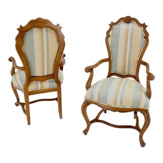 Carved Striped Upholstery Tall Backs Carved Walnut Scallop Design Decorated - A Pair For Sale