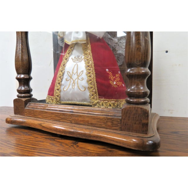 Wood Turn of the Century French Wax Madonna and Child in Oak and Glass Case For Sale - Image 7 of 9