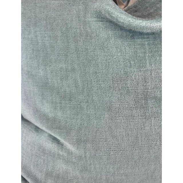 Custom pair of 22" pillows covered in a sea glass blue/green mohair. These pillows have tapered corners to prevent dog...