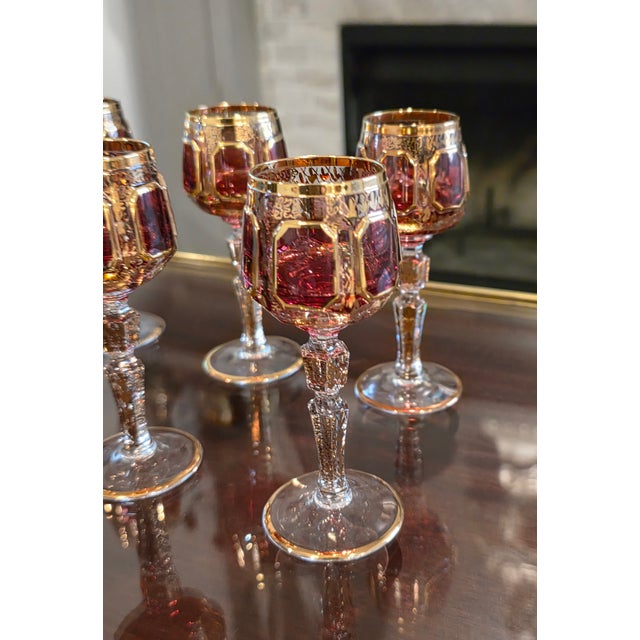 Early 20th Century Moser Bohemian Cut to Clear Paneled Cranberry Red Gold Gilt Stemmed Cordial Glasses - Set of 8 For Sale - Image 11 of 18