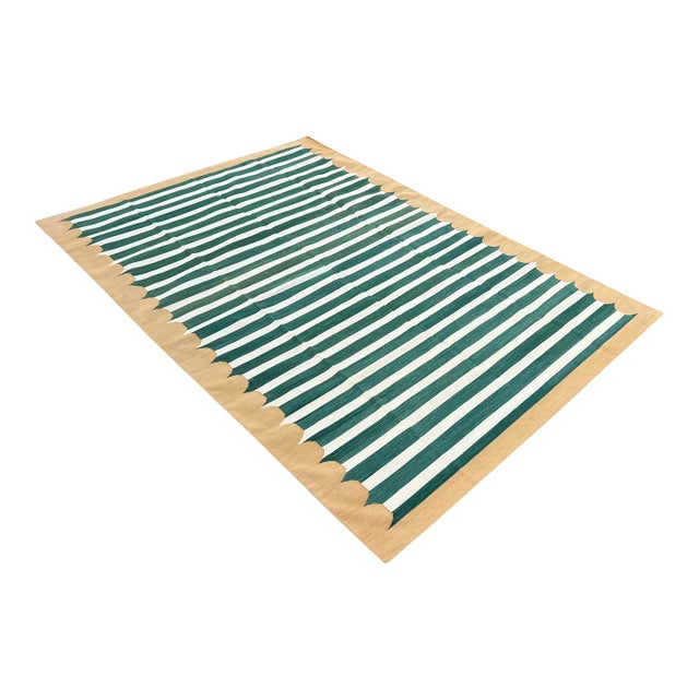 Handmade Cotton Area Rug, Natural Vegetable Dyed, Green and White Striped Dhurrie With Mustard Border -4'x6' For Sale