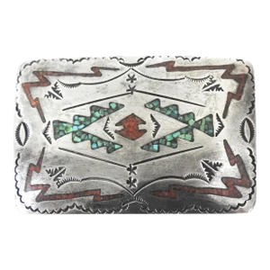 Vintage Silver With Turquoise and Coral Inlay Buckle Begay