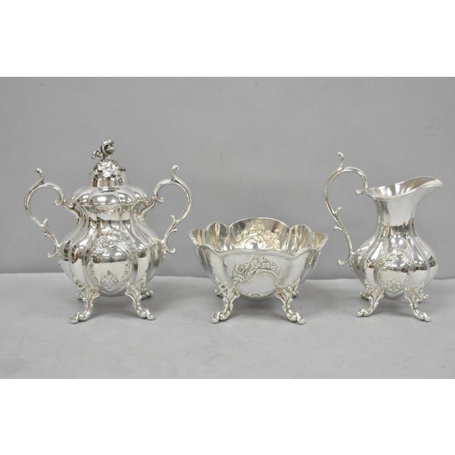 Victorian Vintage Reed & Barton Winthrop Shield 1795 E Silver Plated Tea Set - 6 Pc Set For Sale - Image 3 of 18