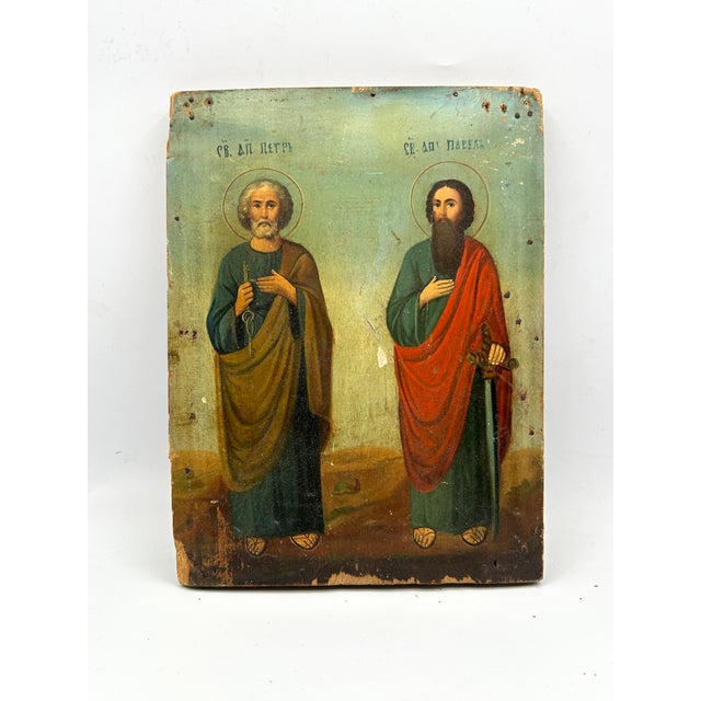 19th-Century Icon Painting of Saints Peter and Paul, Oil on Wood For Sale - Image 9 of 18