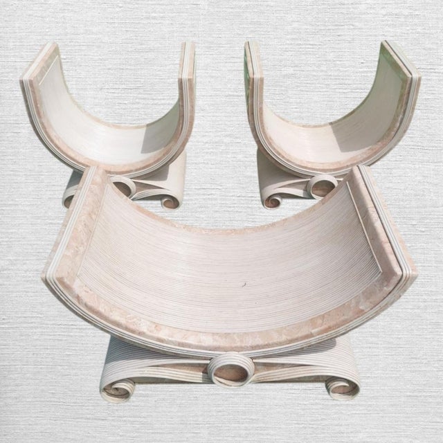 Vintage Molded Pencil Reed Betty Cobonpue Faux Peach Marble Mid Century Bent U Shape Swirl Leg Coffee Table For Sale - Image 9 of 12