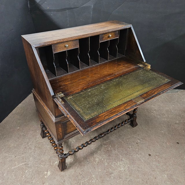 Late 19th Century English Oak Jacobean Style Bureau on Barley Twist Stretcher Base For Sale - Image 15 of 18