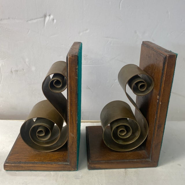 1940s 1940s Art Deco Style Bookends With Brass Metal Scroll Motif - a Pair For Sale - Image 5 of 9