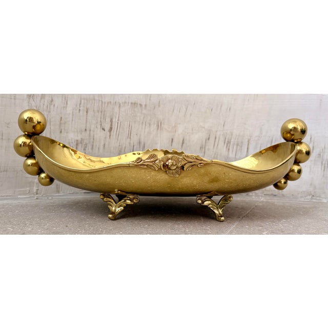 Antique Early 20th Century Solid Brass Mexican Decorative Jardinière or Centerpiece Bowl, Footed Base, Ornate Spherical Handles, & Floral Decorations For Sale - Image 11 of 12
