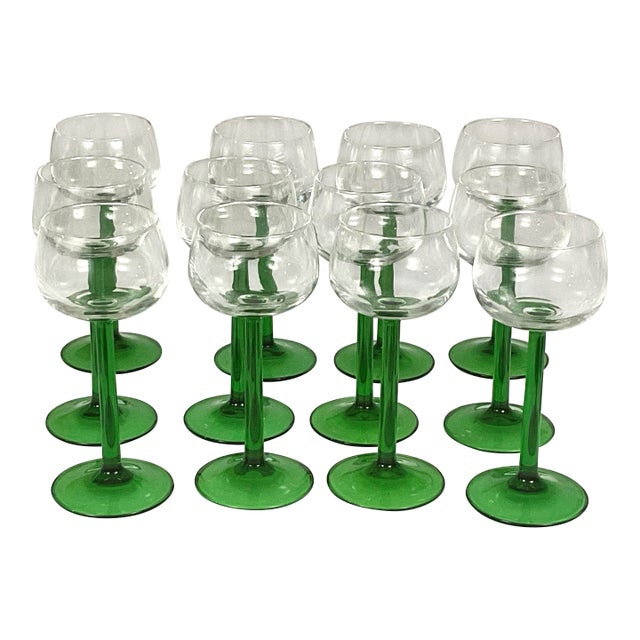 1990s Luminarc Balloon Wine/Sherry-Glasses With Emerald Green, Stems and Foot – Set of 12 For Sale