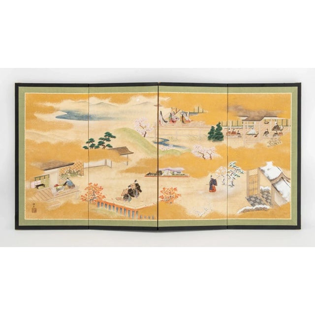 Japanese School Four Seasons Figural Landscape Scene Four-Panel Byobu Screen, gouache on paper with gold leaf, chop seal...