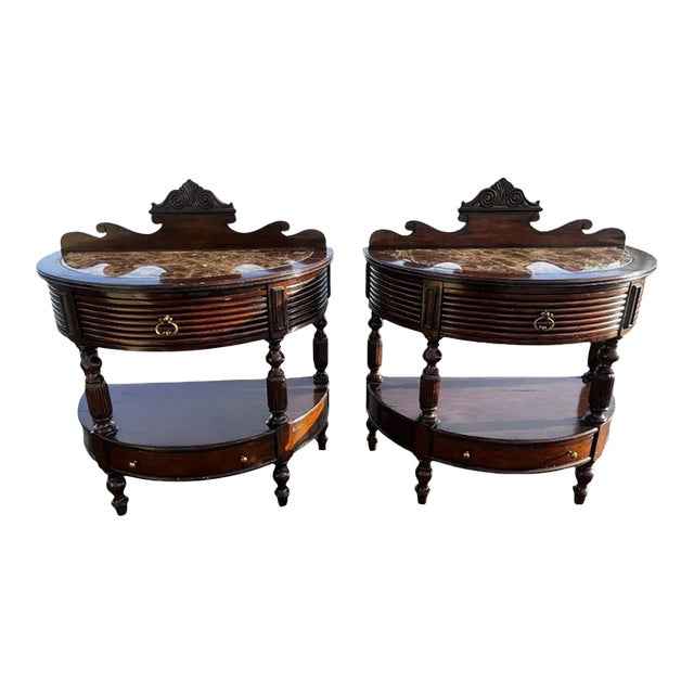 Late 20th Century Pair of Marge Carson Demilune Side Tables / Nightstands Marble Top For Sale