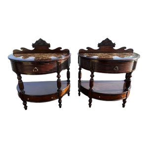 Late 20th Century Pair of Marge Carson Demilune Side Tables / Nightstands Marble Top