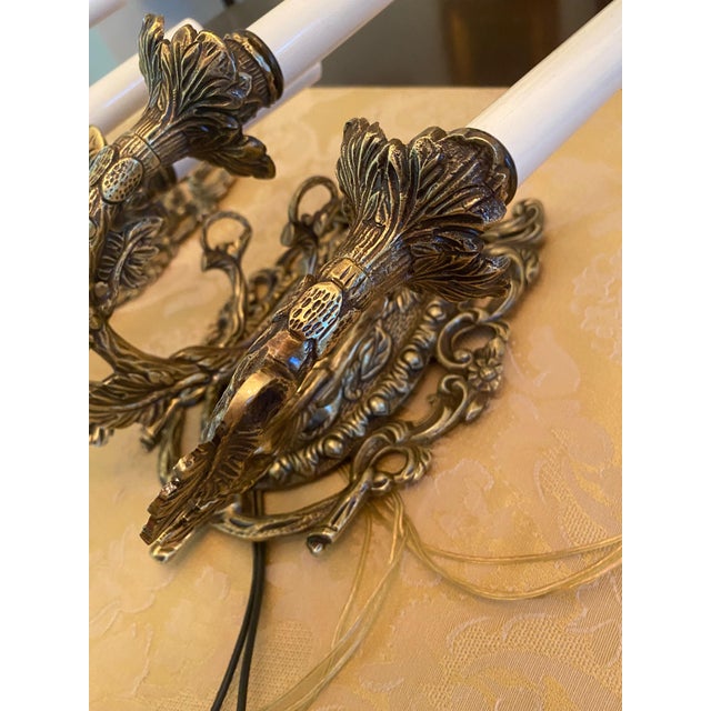Antique French Rocco Triple-Arm Electric Wall Sconces in the Highly Sought After Baroque - a Pair For Sale - Image 4 of 6
