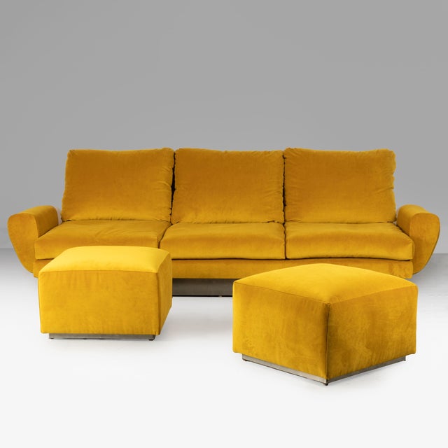 Three-Seater Sofa and Poufs in Yellow Velvet1970, Set of 3, in Very Good conditions. Designed 1970 to 1979