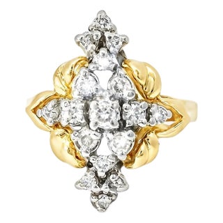 1970s 14K Yellow Gold Filigree Diamond Marquise Cocktail Ring, Size 6 For Sale