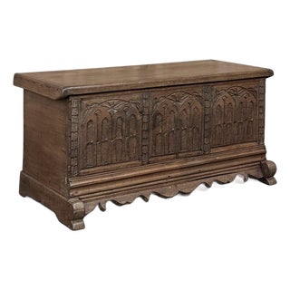 19th Century Gothic Revival Carved Oak Trunk With Hand-Forged Ironwork For Sale