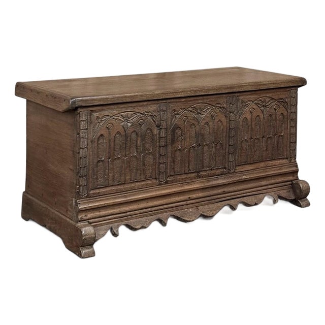 19th Century Gothic Revival Carved Oak Trunk With Hand-Forged Ironwork For Sale