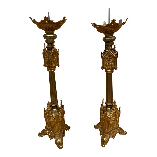 Antique French Neogothic Altar Torchère Candlestick Set With Jesus & Cross- Set of 2 For Sale
