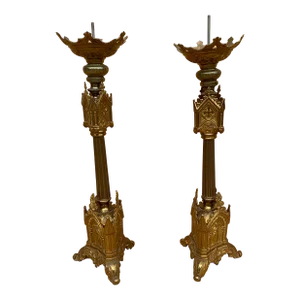 Antique French Neogothic Altar Torchère Candlestick Set With Jesus & Cross- Set of 2