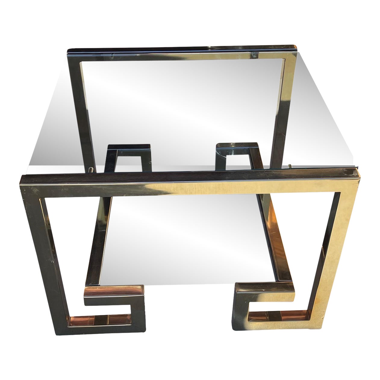 1970s Brass Greek Key Glass Top End Table Chairish