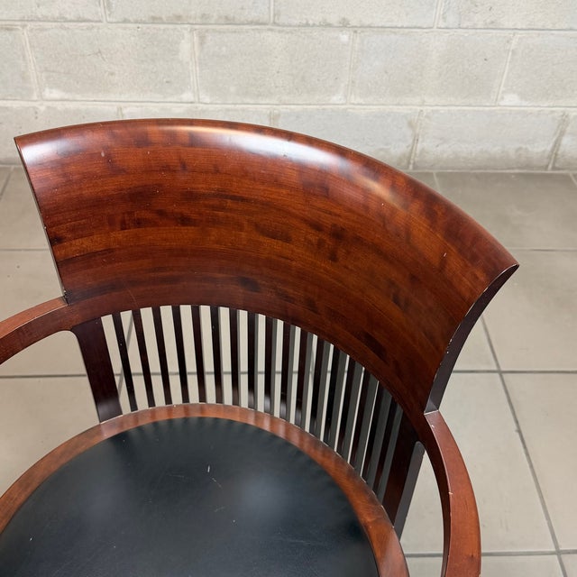 Barrel Chair in Wood and Black Leather by Frank Lloyd Wright for Cassina, 1940s For Sale - Image 10 of 16