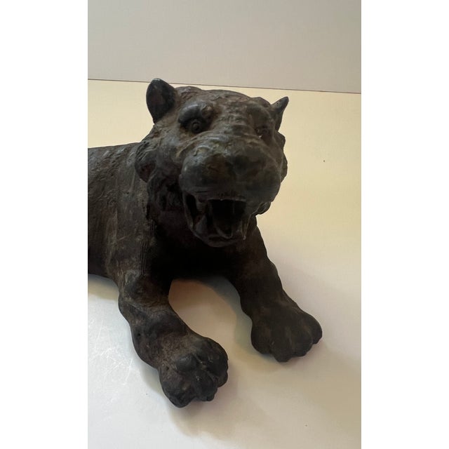 Burnt Umber Antique Bronze Tiger Laying Down For Sale - Image 8 of 10