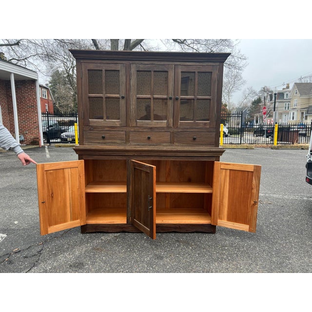 Farmhouse Rustic Wood Hutch Cabinet With Glass Doors and Drawers For Sale - Image 3 of 9