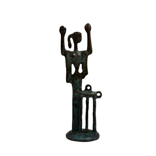 Abstract Vintage Modernist Bronze Female Figure With Raised Arms Sculpture For Sale - Image 3 of 4