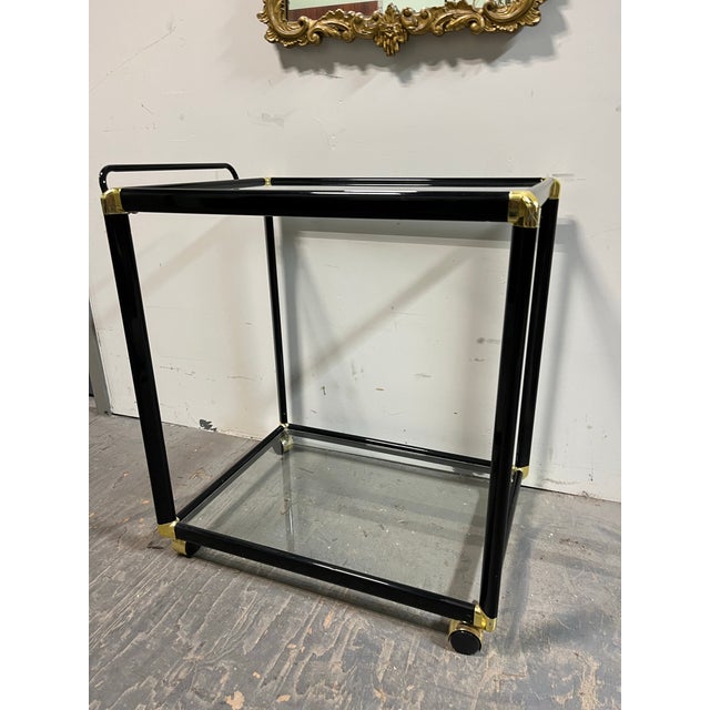 Hollywood Regency Black & Gold-Tone Glass Bar Cart or Tea Cart For Sale - Image 12 of 12