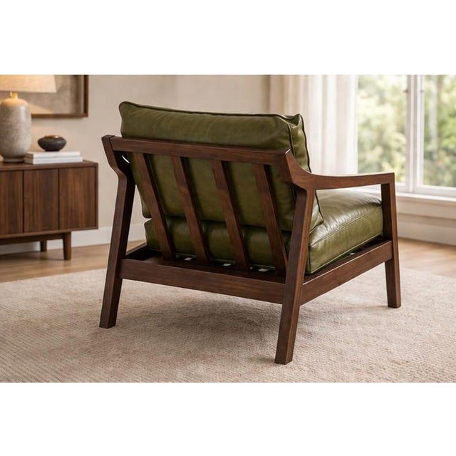 Olive Green Leather Lounge Chair, Mid Century Modern Accent Chair, Solid Wood Frame Armchair, Luxury Living Room Seating For Sale - Image 4 of 6