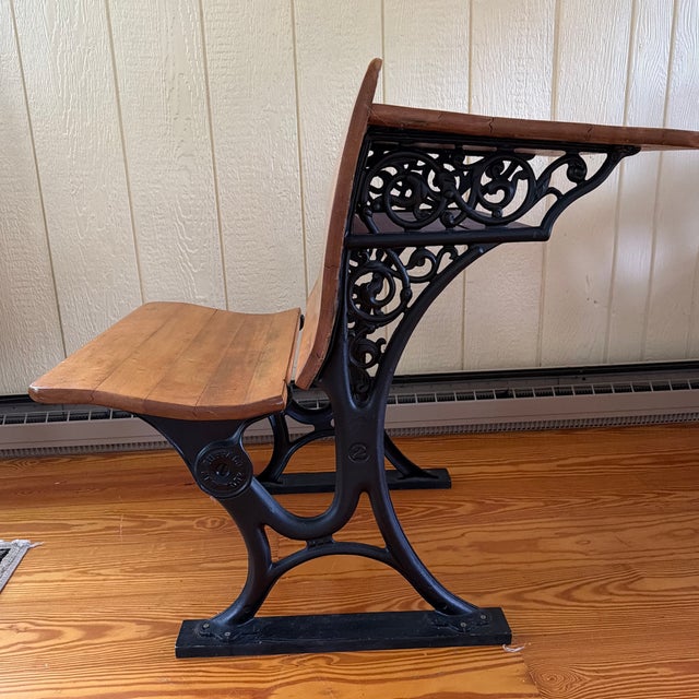 American Antique Cast Iron & Hardwood School Desk With Folding Seat For Sale - Image 3 of 9