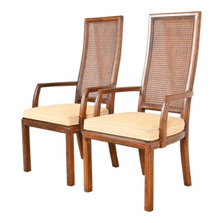 Henredon Mid-Century Modern Oak and Cane High Back Dining Arm Chairs, Pair For Sale