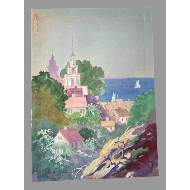 Mid 20th Century K Noland Original Watercolor Painting Provincetown Ma Coastal Harbor Signed 4x6 For Sale - Image 4 of 6