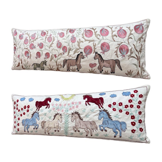 Mid-Century Modern White Horse Suzani Lumbar Pillow Cover 18'' X 54'' - Set of Two For Sale - Image 3 of 4