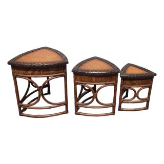 Set of Three Vintage Bamboo Coastal Rattan Leather Ostrich Nesting Tables Lh2 For Sale
