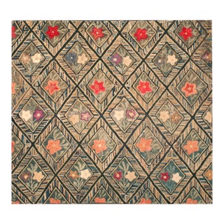 1880s Brown Diamond Folk Art Antique American Hooked Rug 4'4" X 4'9" Handknotted Wool Carpet For Sale