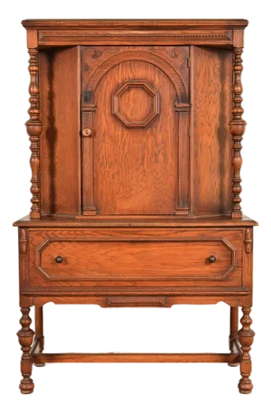Antique English Jacobean Carved Oak Bar Cabinet, Circa 1920s